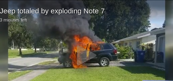 Jeep in fiamme per l’esplosione della batteria del Galaxy Note 7