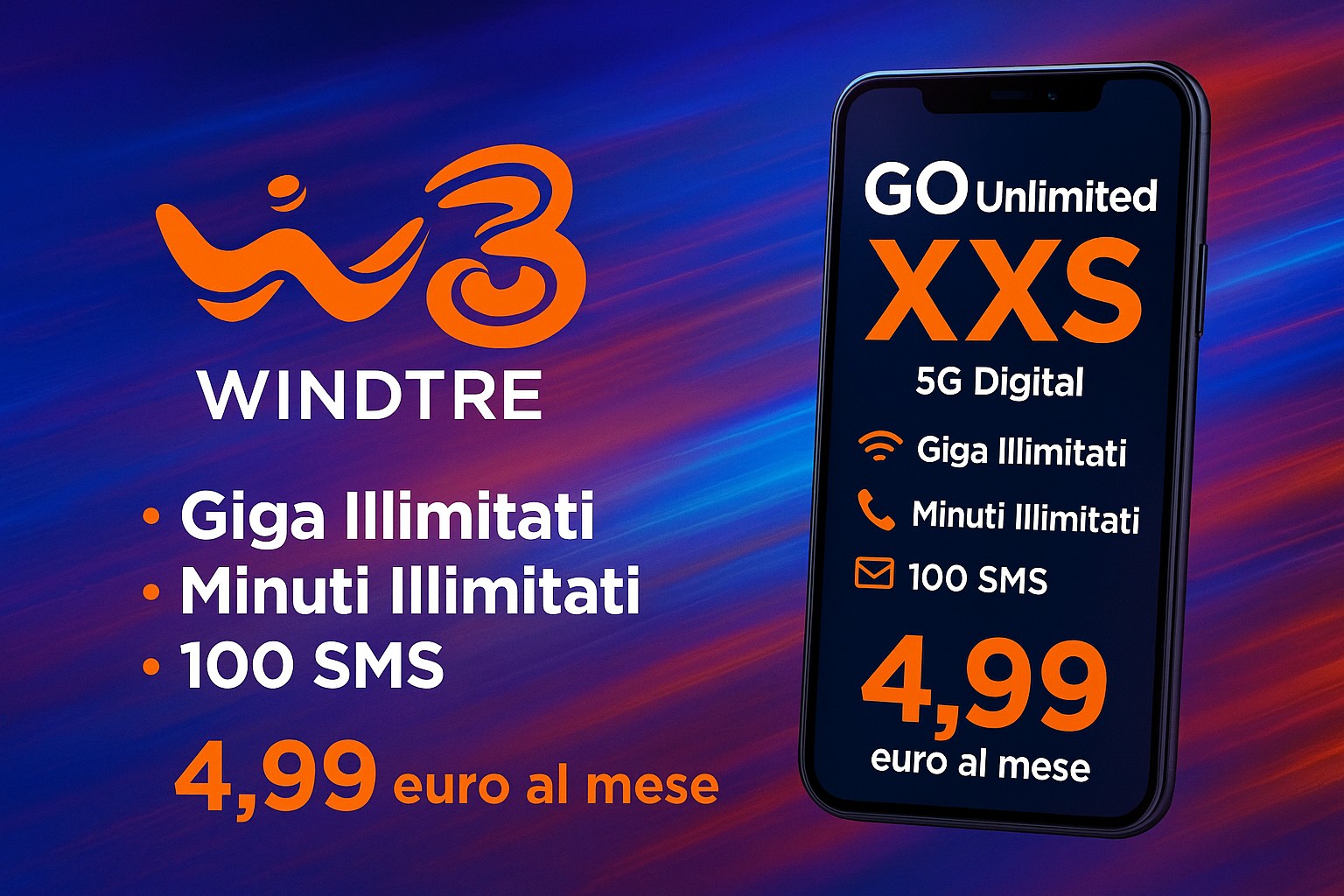 WindTre GO Unlimited XXS 5G Digital: Giga illimitati a soli 4,99 euro