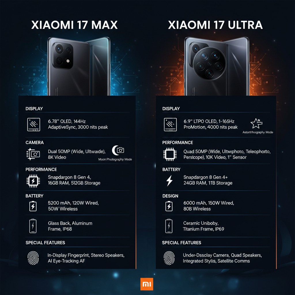Compara: Xiaomi 17 Max vs Xiaomi 17 Ultra 4 Compara: Xiaomi 17 Max vs Xiaomi 17 Ultra