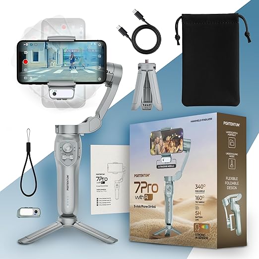 PORTENTUM 7 Pro: gimbal smartphone 3 assi con tracking IA 1 PORTENTUM 7 Pro: gimbal smartphone 3 assi con tracking IA